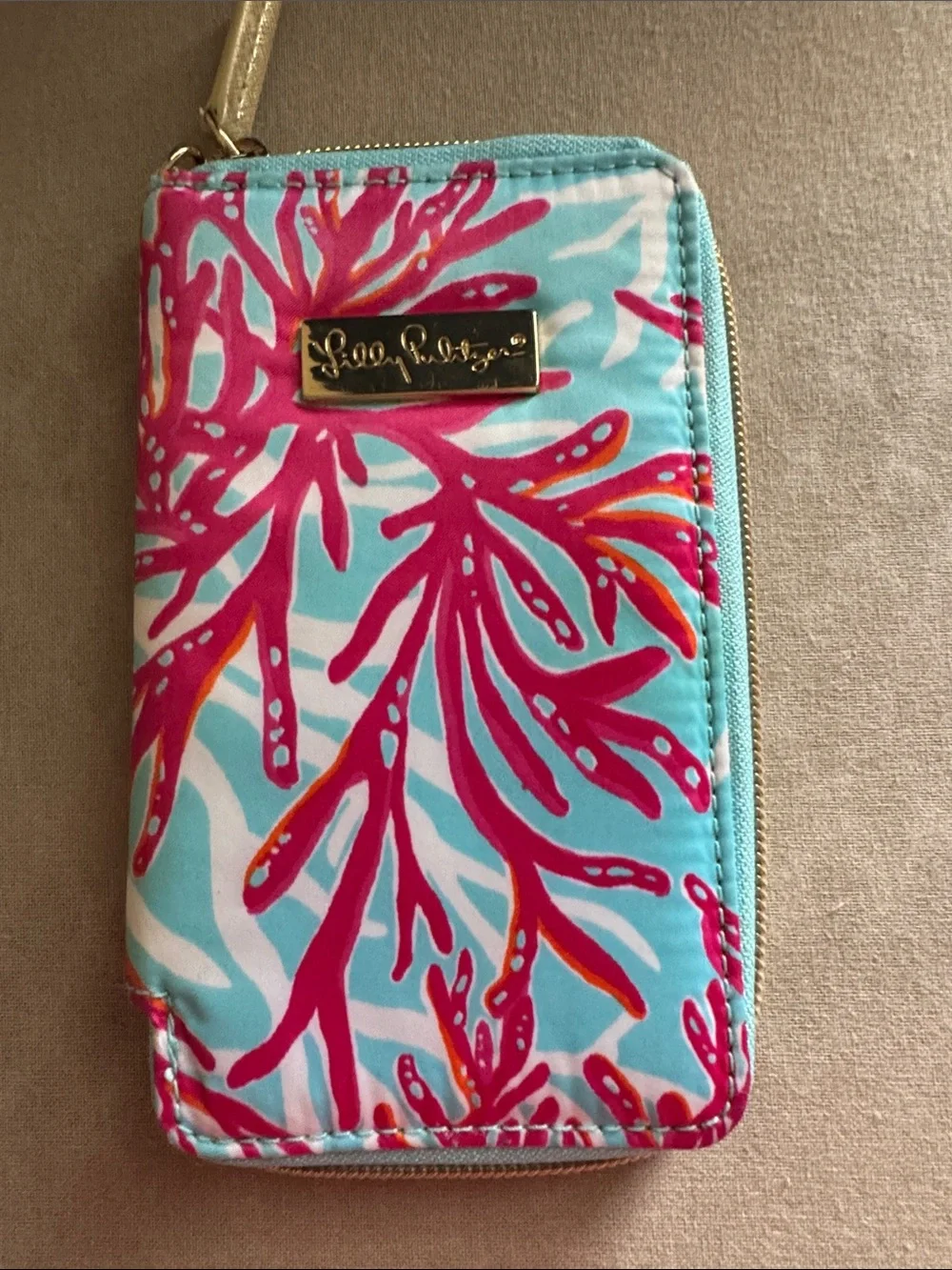 Lilly Pulitzer Turquoise Wallet with Hot Pink & Orange Coral Motif